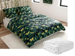 Set Lenjerie Cocolino YELLOW BUTTERFLY verde inchis + Cearsaf Cocolino microplus cu elastic SOFT 90x200 cm alb, pat single