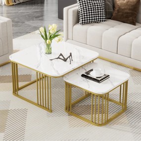 Set de 2 măsuțe pătrate din marmură lucioasă, măsuțe suprapozabile cu picioare aurii, 70×70×45 cm și 50×50×36,5 cm, Alb