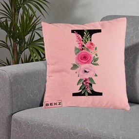 Cadou Personalizat - Perna Personalizata Monograma Florala Litera I, 40x40 cm, Roz, Husa Detasabila, Perna Inclusa, BEKZ®
