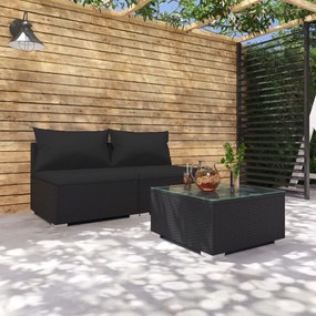 3101400 vidaXL Set mobilier de grădină cu perne, 3 piese, negru, poliratan