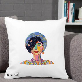 Perna Decorativa Portret Femeie Etnic Colorat, 40x40 cm, Alba Mata, Husa Detasabila, Perna Inclusa, BEKZ®