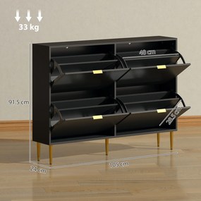 HOMCOM Dulap pentru încălțăminte 20 perechi cu 4 sertare rabatabile, uși canelate și rafturi reglabile, 105x24x91,5cm, negru | Aosom Romania