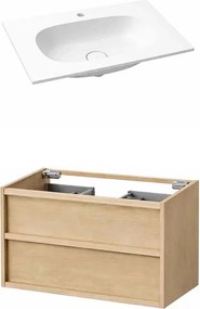 Set dulap baza suspendat KolpaSan Storia 2 sertare 90 cm finisaj acacia cu lavoar compozit Kerrock alb