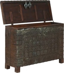 Cufăr vintage din lemn de tec, maro, cu plăci decorative din metal și două zăvoare, finisaj patinat, 98 x 137 x 44 cm, „Trunk”