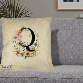 Cadou Personalizat - Perna Personalizata Monogram Litera Q cu Flori Acuarela, 40x40 cm, Crem, Husa Detasabila, Perna Inclusa, BEKZ®