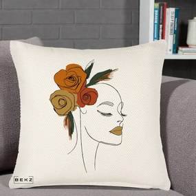 Perna Decorativa Portret Feminin Trandafiri Ruginii, 40x40 cm, Crem Reliefat, Husa Detasabila, Perna Inclusa, BEKZ®