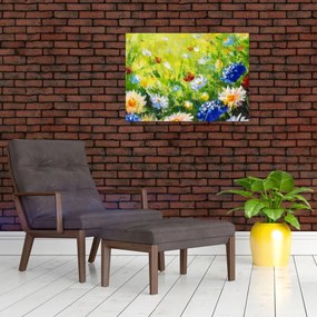 Tablou pe sticlă - Pictură în ulei, pajiște înflorită (70x50 cm)