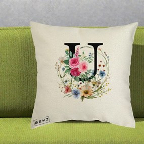 Cadou Personalizat - Perna Personalizata Monogram Litera U cu Flori Acuarela, 40x40 cm, Ecru, Husa Detasabila, Perna Inclusa, BEKZ®