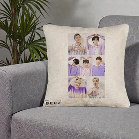 Perna Personalizata K-pop BTS Colaj 7 Portrete cu Inimi Lila, 40x40 cm, Bej Canapea, Husa Detasabila, Perna Inclusa, BEKZ®