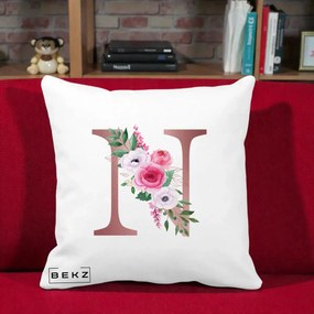 Cadou Personalizat - Perna Personalizata Monograma Rose Gold Litera N, 40x40 cm, Alba Mata, Husa Detasabila, Perna Inclusa, BEKZ®