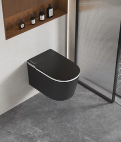 Smart WC 301 – Vas de Toaletă Inteligent cu Bideu, Sterilizare UV, Deschidere/Închidere automată, Senzor picior, Control inteligent al Temperaturii, Uscare aer cald, Iluminare de noapte, Afișaj LED, Telecomandă, Ceramică, Negru