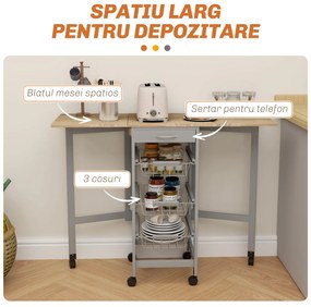 HOMCOM Cărucior de Bucătărie din Lemn și Metal cu 3 Coșuri, Sertar și Clapete, 37x37x77.5 cm, Gri | Aosom Romania