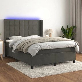 3139560 vidaXL Pat cu arcuri, saltea și LED, gri închis, 140x190 cm, catifea