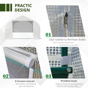 Outsunny Sera de Grădină Spațioasă, cu 8 Ferestre și Ușă Enrolabilă, Include Țăruși și Frânghii, 6x3x2m, Oțel și PP, Verde | Aosom Romania