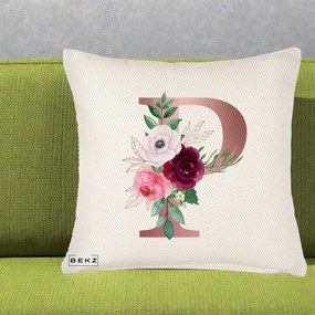 Cadou Personalizat - Perna Personalizata Monograma Rose Gold Litera P, 40x40 cm, Crem Reliefat, Husa Detasabila, Perna Inclusa, BEKZ®