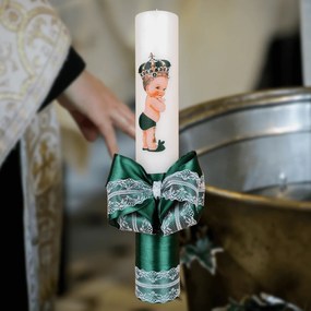 Lumanare botez decorata Print verde 4,5 cm, 35 cm