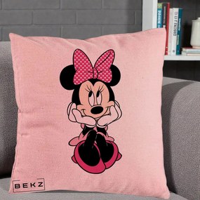 Perna Personalizata Minnie Mouse cu Fundita, 40x40 cm, Roz, Husa Detasabila, Perna Inclusa, BEKZ®