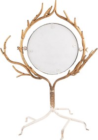 Oglinda de masa, bej, din metal, cu detalii in forma de coarne de cerb, aspect vintage, 51x37x65 cm