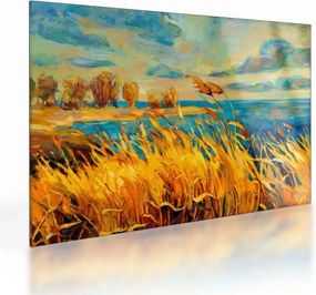 Tablou pe sticlă - Apus de soare peste lac, pictură acrilică (70x50 cm)