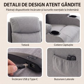 HOMCOM Fotoliu Electric cu Ridicare Asistată, Reclinabil, Încălzit, cu Masaj, Aspect In, 2 Telecomenzi, Gri Deschis | Aosom Romania