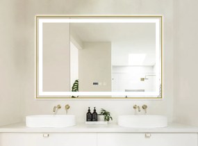 Oglindă Baie LED și Dezaburire Elit's Premium cu Senzor Touch, Lumina Rece, Caldă și Neutră, 120x80 cm, cu rama Bronz Gold Antichizat, Ceas