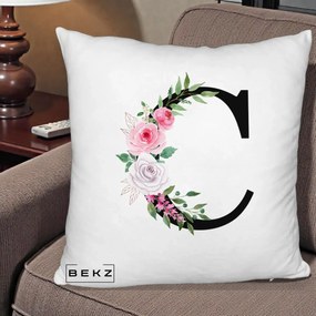 Cadou Personalizat - Perna Personalizata Monograma Florala Litera C, 40x40 cm, Alb Pufos, Husa Detasabila, Perna Inclusa, BEKZ®