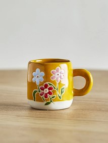 Cană din ceramică artizanală, galben, pictată manual cu flori stilizate, 6x7 cm, 110 ml, „Millie"