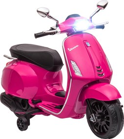 AIYAPLAY Motocicletă electrică pentru copii cu licență Vespa, roți ajutătoare, far și muzică, PP și metal, 107x47x73 cm, Roz | Aosom Romania