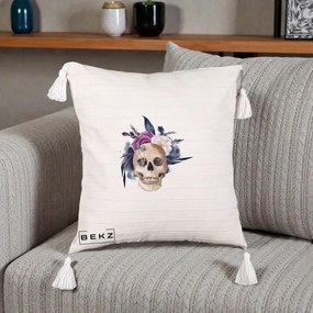 Perna Decorativa Craniu Floral cu Trandafiri si Ciuperci, 40x40 cm, Bej cu Franjuri, Husa Detasabila, Perna Inclusa, BEKZ®