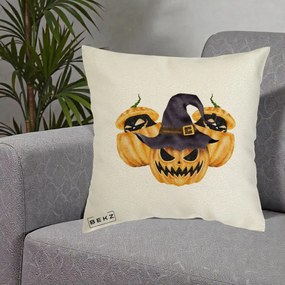 Perna Decorativa Trio Dovleci Jack-o-Lantern cu Palarie Vrajitoare, 40x40 cm, Ecru, Husa Detasabila, Perna Inclusa, BEKZ®