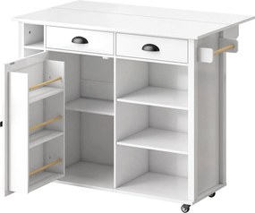 HOMCOM Insulă de Bucătărie cu Roți Blat Rabatabil Suport Condimente Suport Prosoape Dulap 2 Sertare 117,5x70x91 cm Alb | Aosom Romania