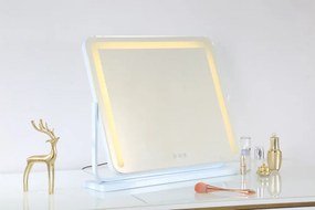 Oglindă cosmetică, sistem iluminare bandă LED, 3 culori, senzor tactil, rotire 360°, 50x40 cm, Alb