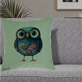 Perna Decorativa Bufnita Teal cu Doua Inimi, 40x40 cm, Verde, Husa Detasabila, Perna Inclusa, BEKZ®