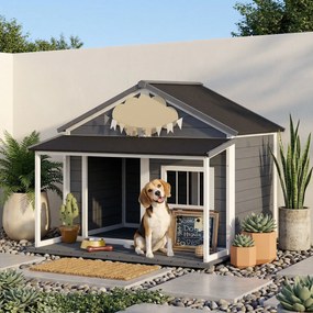 PawHut Casuță din Lemn de Exterior pentru Câini, Cușcă pentru Câini cu Terasă, Fereastră și Acoperiș Impermeabil, 124x112x105 cm, Gri | Aosom Romania
