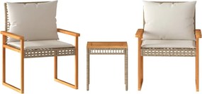 vidaXL Set bistro cu perne, 3 piese, bej, poliratan și lemn acacia