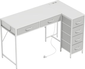 HOMCOM Birou de Colț Reversibil cu Prize și Porturi USB, 126x48 cm, Birou în Formă de L cu 6 Sertare din Material Textil, Cârlig Lateral, pentru Computer, Birou, Cameră, Alb | Aosom Romania