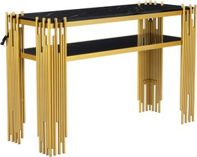 MAU42 - Masa Consola, 120 cm, masuta hol cu raft, living, dormitor - Auriu - Alb / Negru Imitatie de Marmura