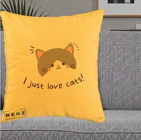 Perna Personalizata I Just Love Cats Pisica Kawaii, 40x40 cm, Galben, Husa Detasabila, Perna Inclusa, BEKZ®