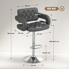 HOMCOM Scaun de Bar Reglabil, Șezut Extra Large Rotativ din Piele Ecologică PU, Gri | Aosom Romania