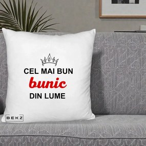 Cadou pentru Bunic - Perna Personalizata Cel Mai Bun Bunic Din Lume Coroana Rosu, 40x40 cm, Alb Pufos, Husa Detasabila, Perna Inclusa, BEKZ®