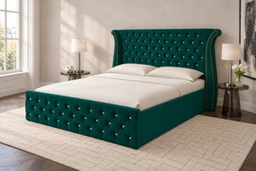 Pat tapițat din catifea Zafira 160×200 cm, verde, cu ladă de depozitare