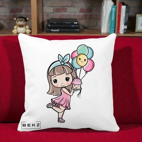 Perna Decorativa Fetita Kawaii cu Baloane si Cupcake, 40x40 cm, Alba Mata, Husa Detasabila, Perna Inclusa, BEKZ®