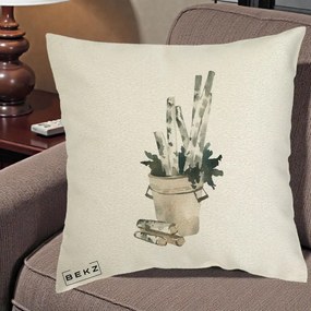 Perna Decorativa Butuci de Mesteacan Watercolor, 40x40 cm, Ecru, Husa Detasabila, Perna Inclusa, BEKZ®
