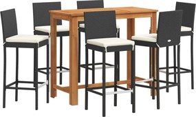 vidaXL Set bar de grădină 7 piese negru lemn masiv acacia și poliratan