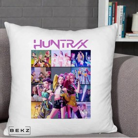 Perna Personalizata K-pop HUNTRX Colaj Animat Foto Grup, 40x40 cm, Alb Pufos, Husa Detasabila, Perna Inclusa, BEKZ®