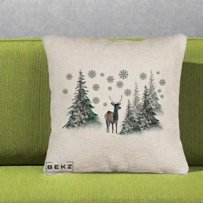 Perna Decorativa Ren in Padure Inzapezita, 40x40 cm, Bej Canapea, Husa Detasabila, Perna Inclusa, BEKZ®