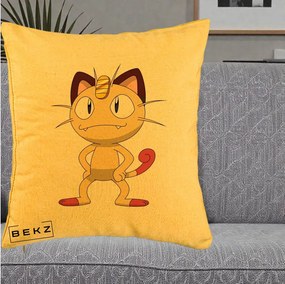 Perna Personalizata Meowth Pokemon, 40x40 cm, Galben, Husa Detasabila, Perna Inclusa, BEKZ®
