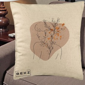 Perna Decorativa Femeie cu Flori Line Art Boho, 40x40 cm, Bej, Husa Detasabila, Perna Inclusa, BEKZ®