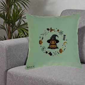 Perna Decorativa Halloween Dovleac Vrajitor Boo cu Simboluri, 40x40 cm, Verde, Husa Detasabila, Perna Inclusa, BEKZ®