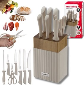 Set cuțite Klausberg KB 7984, 8 piese, Oțel inoxidabil, Ascuțitor, Mâner lemn de salcâm, Bej/lemn